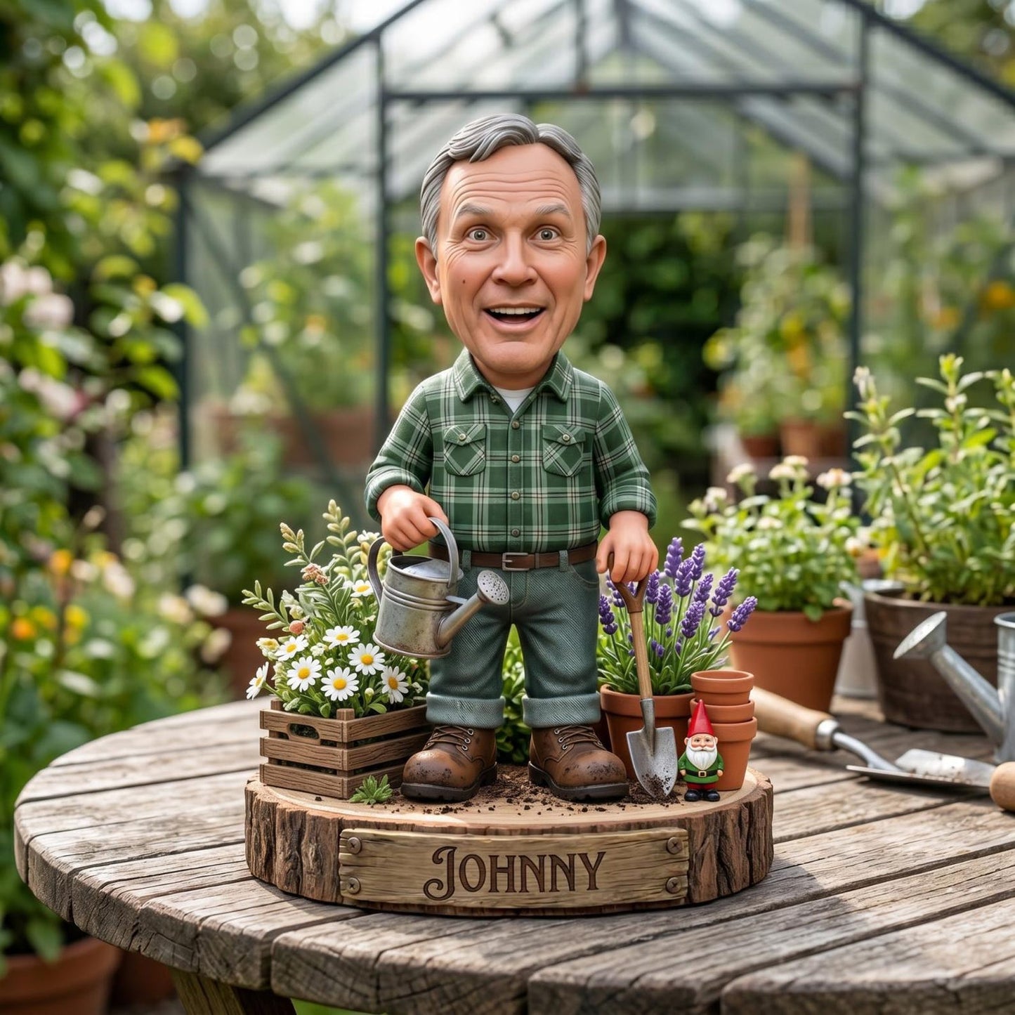 Personalized Grandpa Garden Gnome 2D FLAT Wooden Block, Custom Photo Caricature Plaque Sign