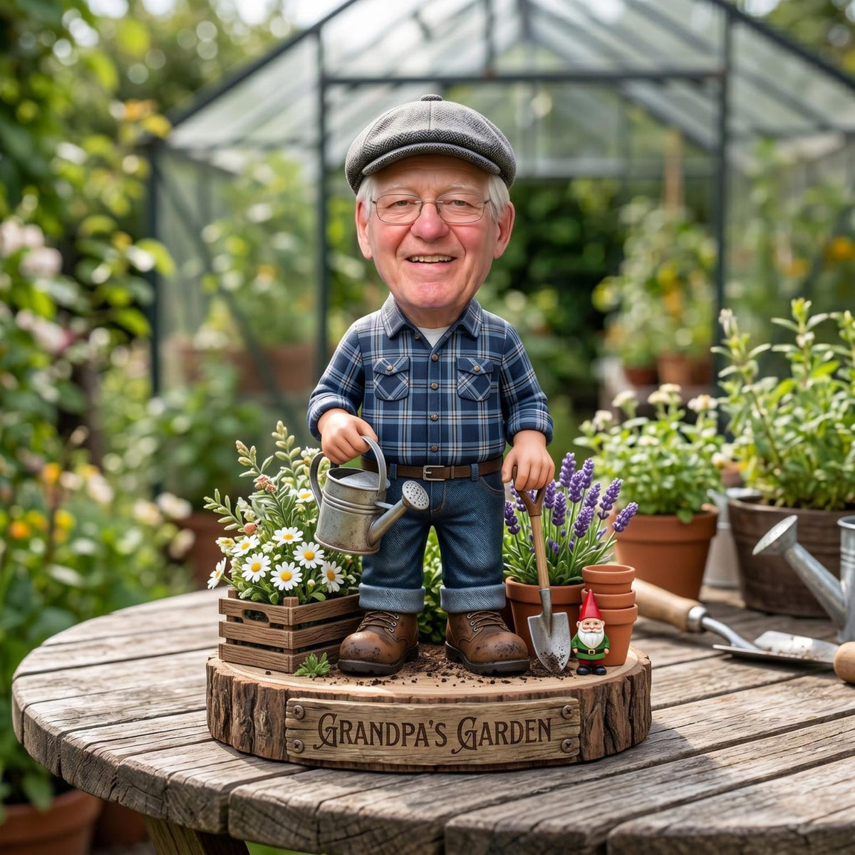 Personalized Grandpa Garden Gnome 2D FLAT Wooden Block, Custom Photo Caricature Plaque Sign
