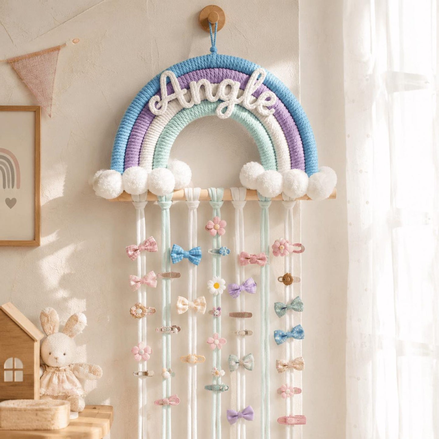 Personalized Rainbow Hair Bow Holder, Handmade Nursery Wall Hanging