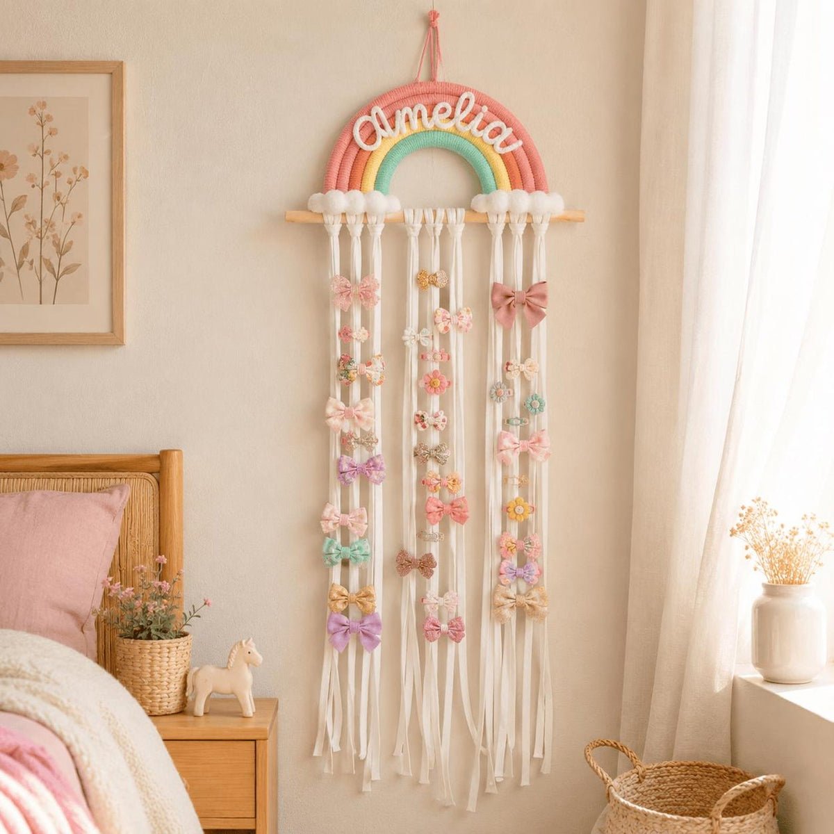 Personalized Rainbow Hair Bow Holder, Handmade Nursery Wall Hanging