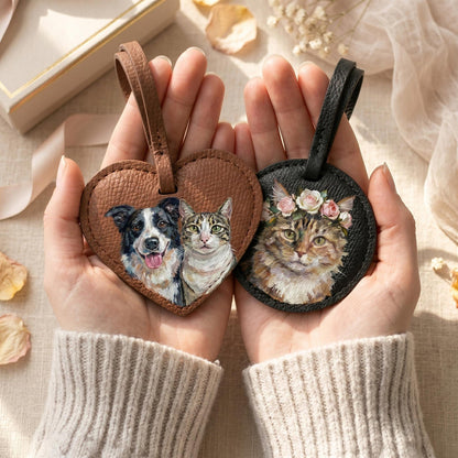 Custom Pet Portrait Leather Bag Charm, Personalized Dog Cat Purse Charm