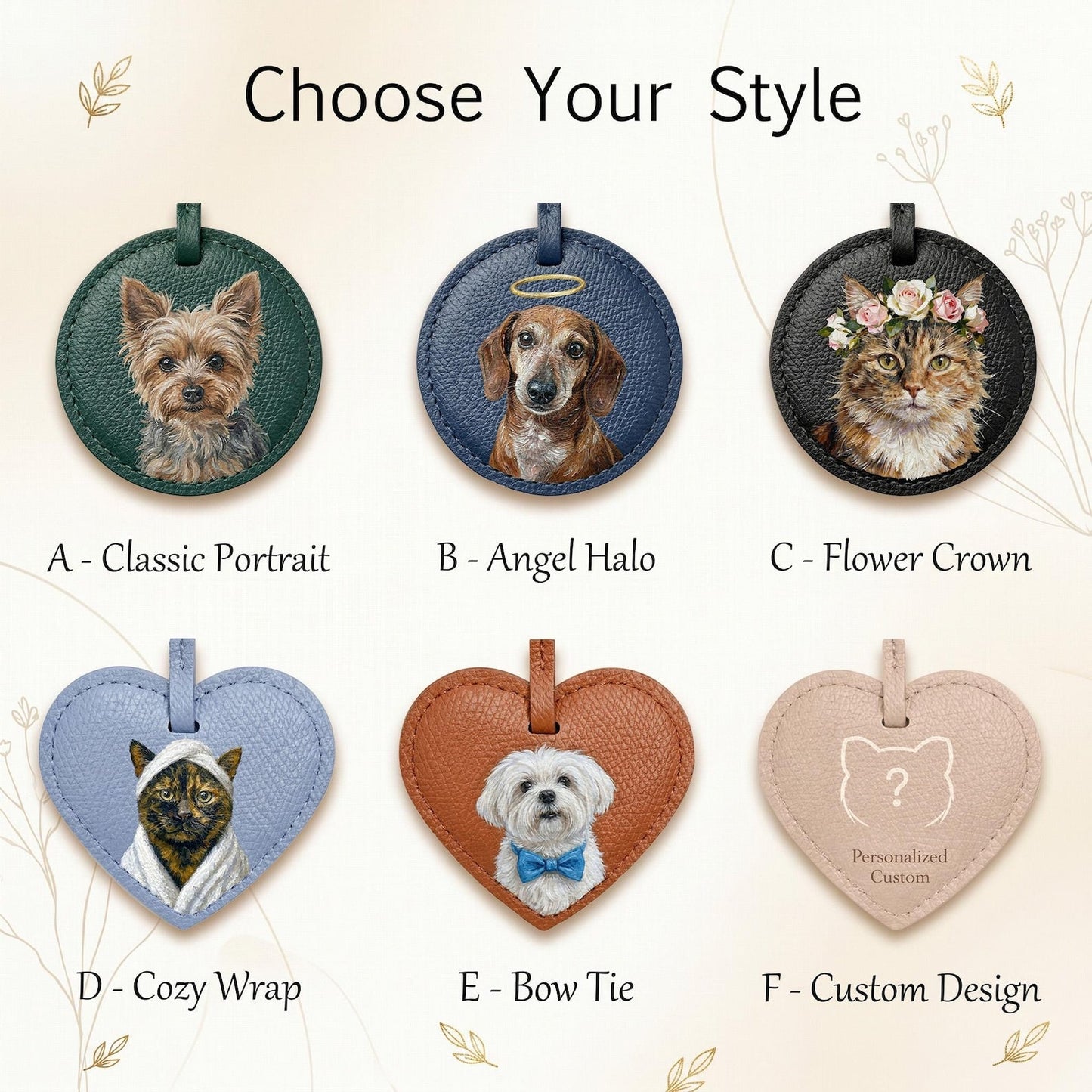 Custom Pet Portrait Leather Bag Charm, Personalized Dog Cat Purse Charm