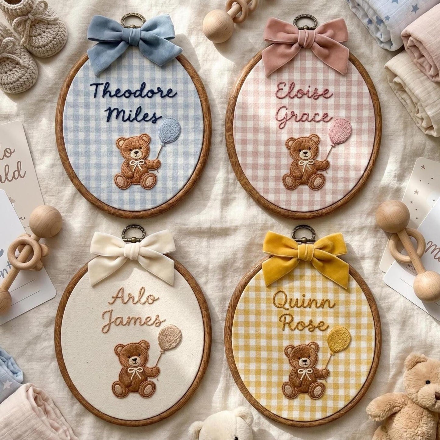 Personalized Embroidered Teddy Bear Name Hoop, Baby Boy Nursery Decor, Custom Keepsake