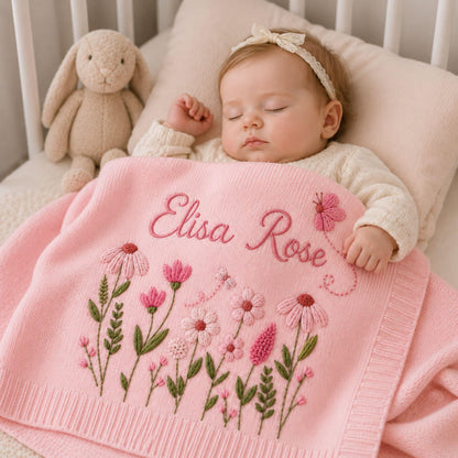 Personalized Floral Butterfly Embroidered Baby Blanket, Custom Embroidered Knit Name Blanket