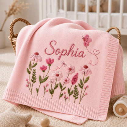 Personalized Floral Butterfly Embroidered Baby Blanket, Custom Embroidered Knit Name Blanket