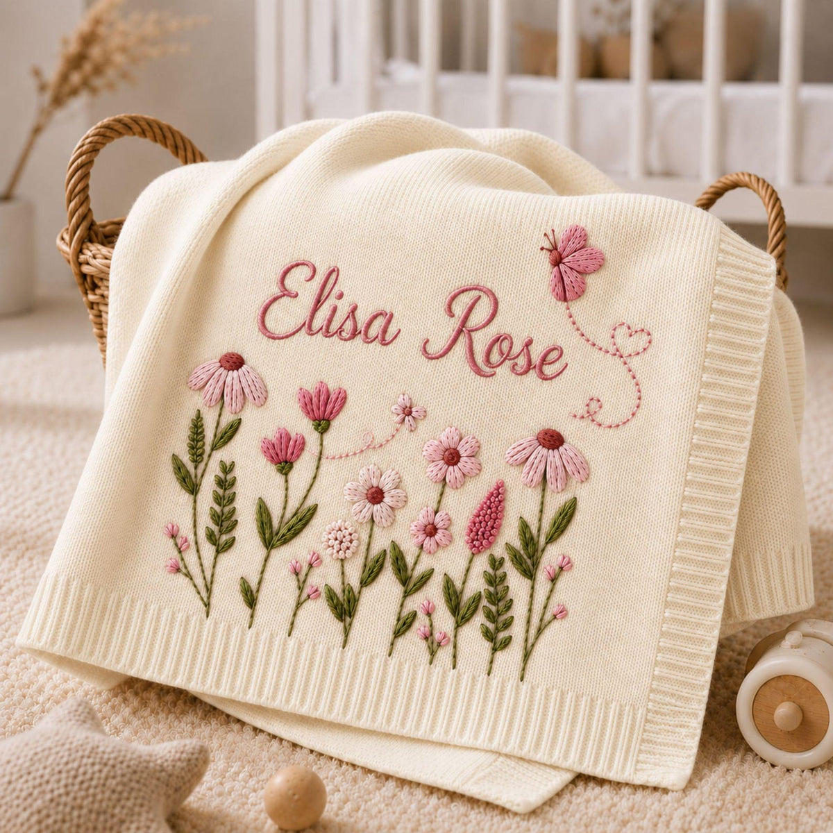 Personalized Floral Butterfly Embroidered Baby Blanket, Custom Embroidered Knit Name Blanket