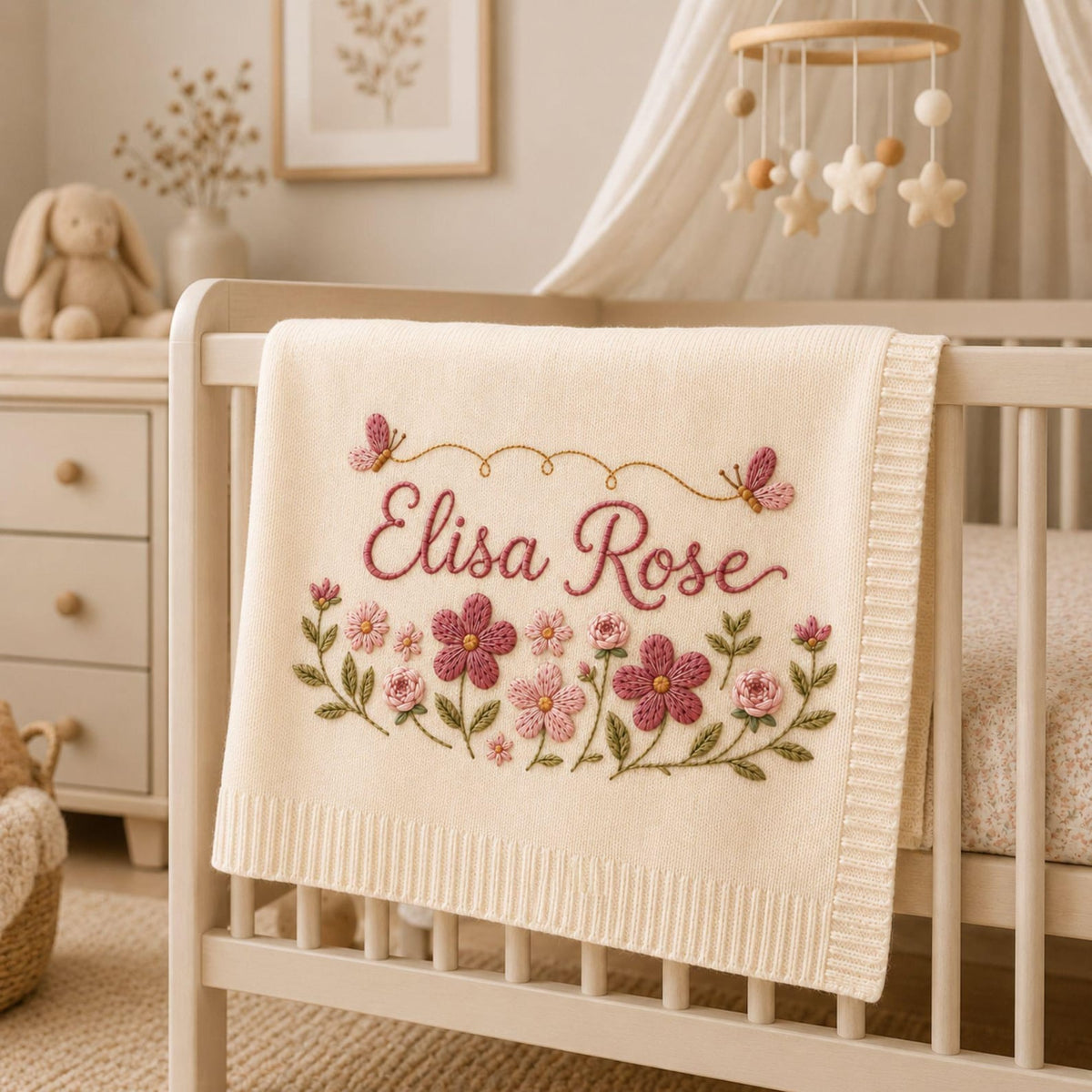 Personalized Floral Butterfly Embroidered Baby Blanket, Custom Embroidered Knit Name Blanket