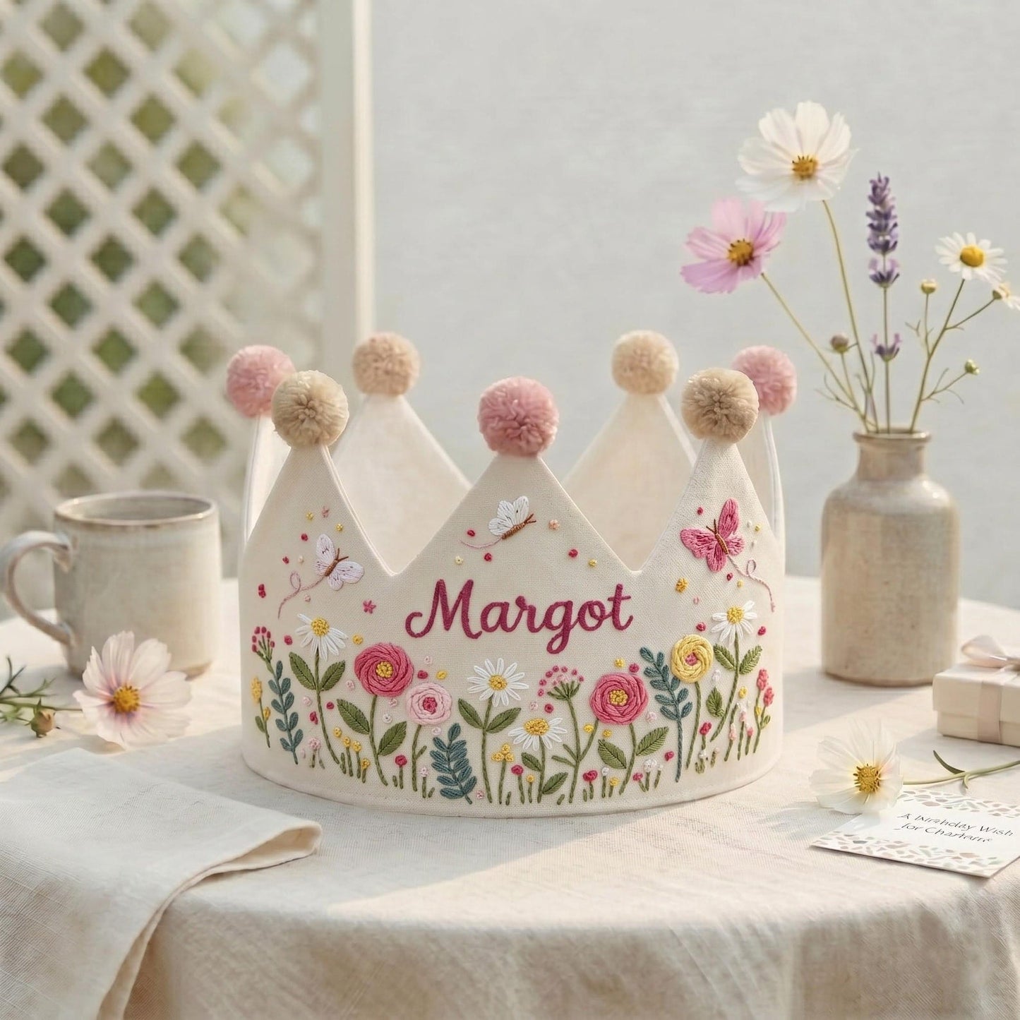 Personalized Wildflower Birthday Crown for Girls, Custom Embroidered Name Crown
