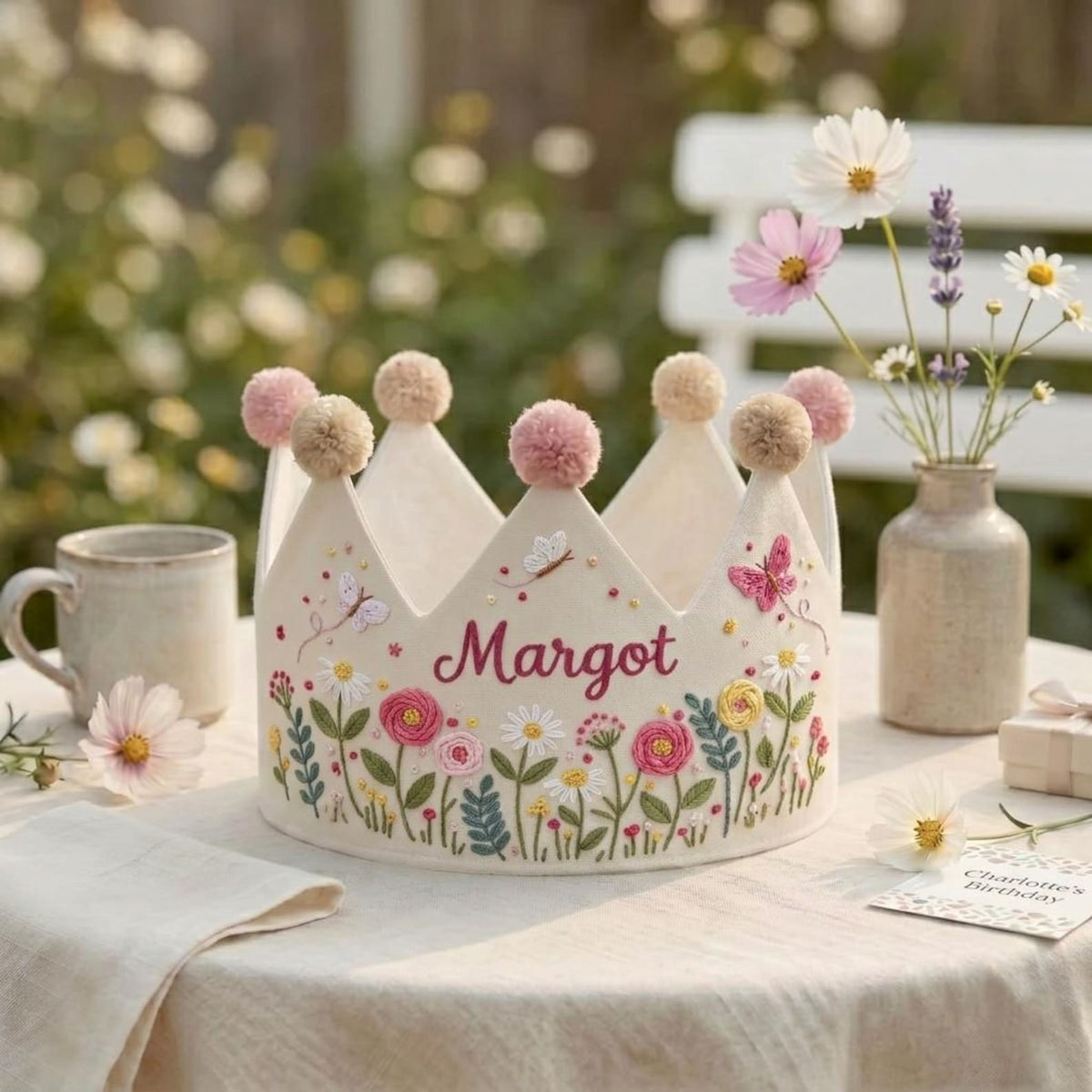 Personalized Wildflower Birthday Crown for Girls, Custom Embroidered Name Crown