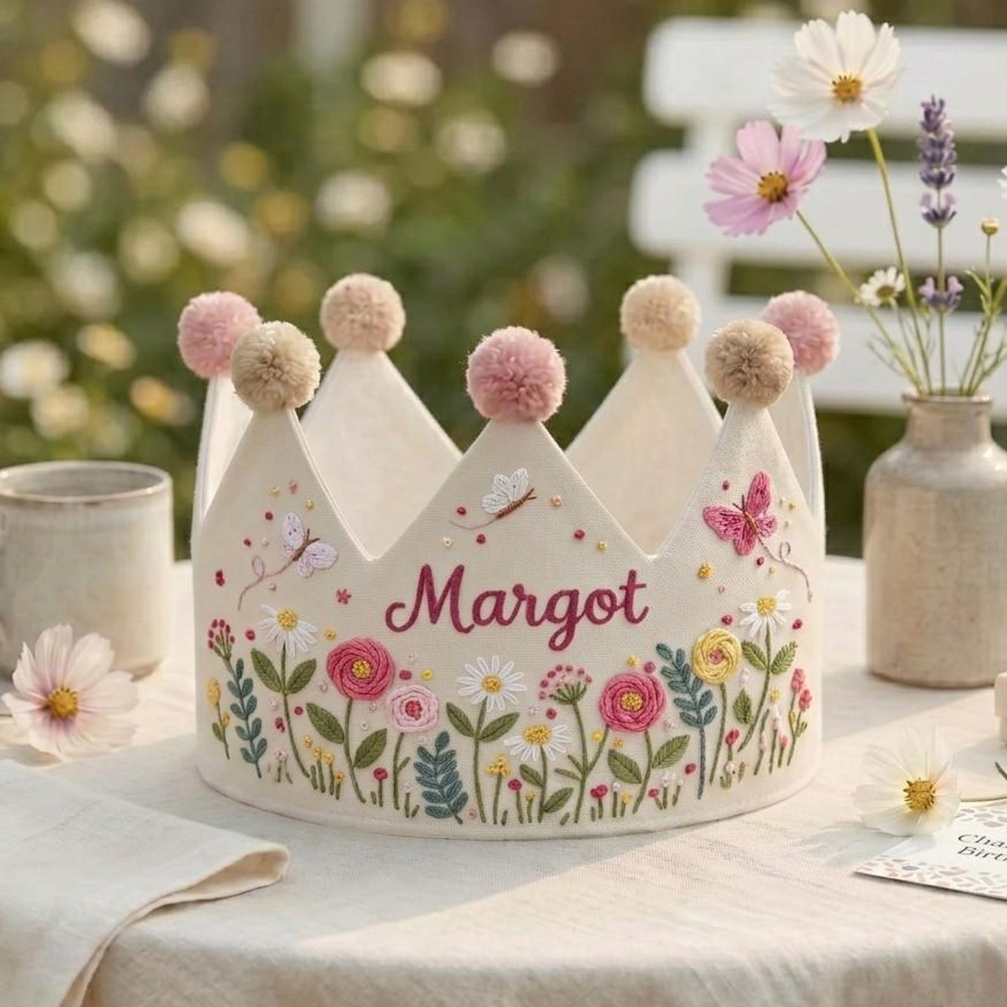 Personalized Wildflower Birthday Crown for Girls, Custom Embroidered Name Crown