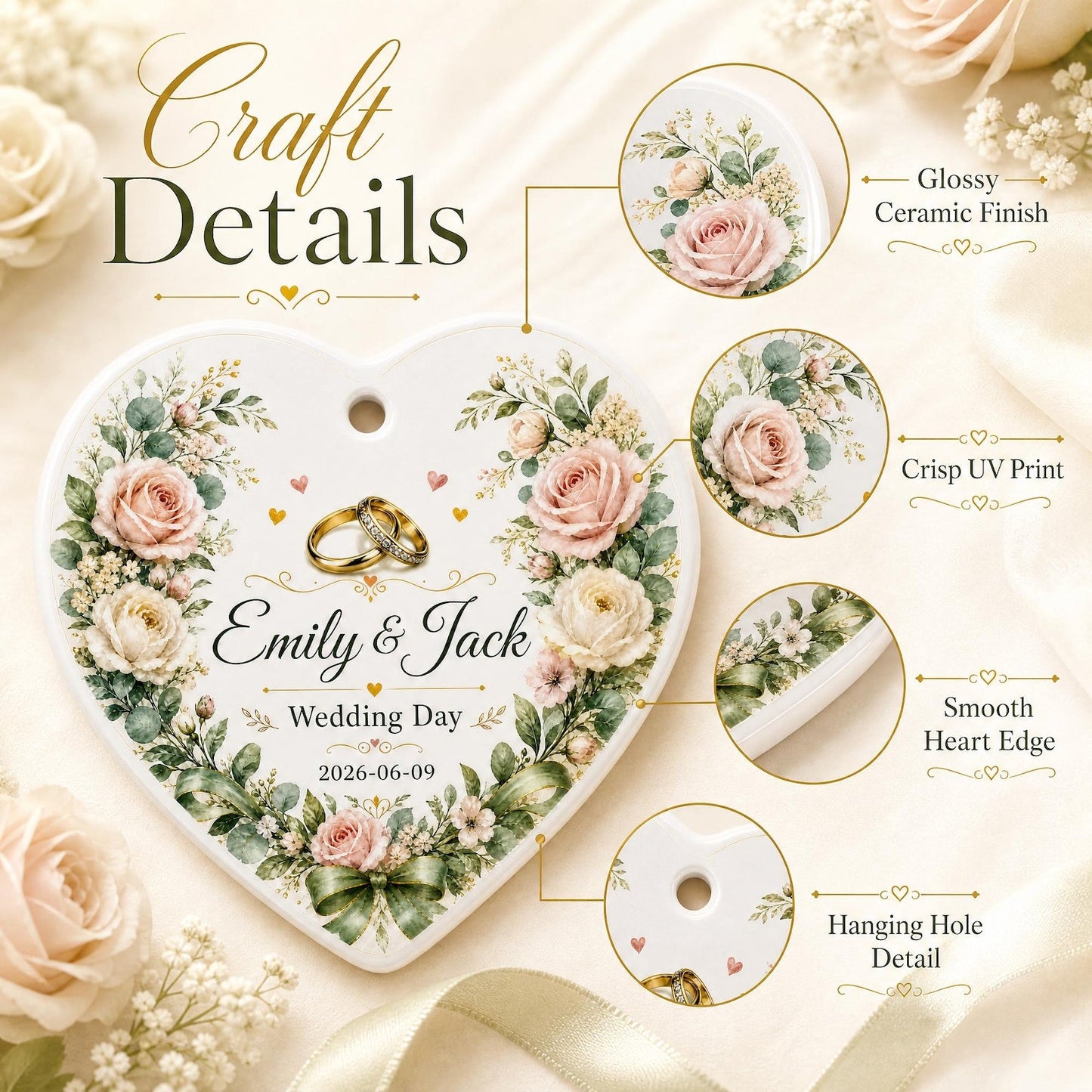 Personalized Wedding Ornament, Custom Ceramic Heart Keepsake, Bride Groom Gift