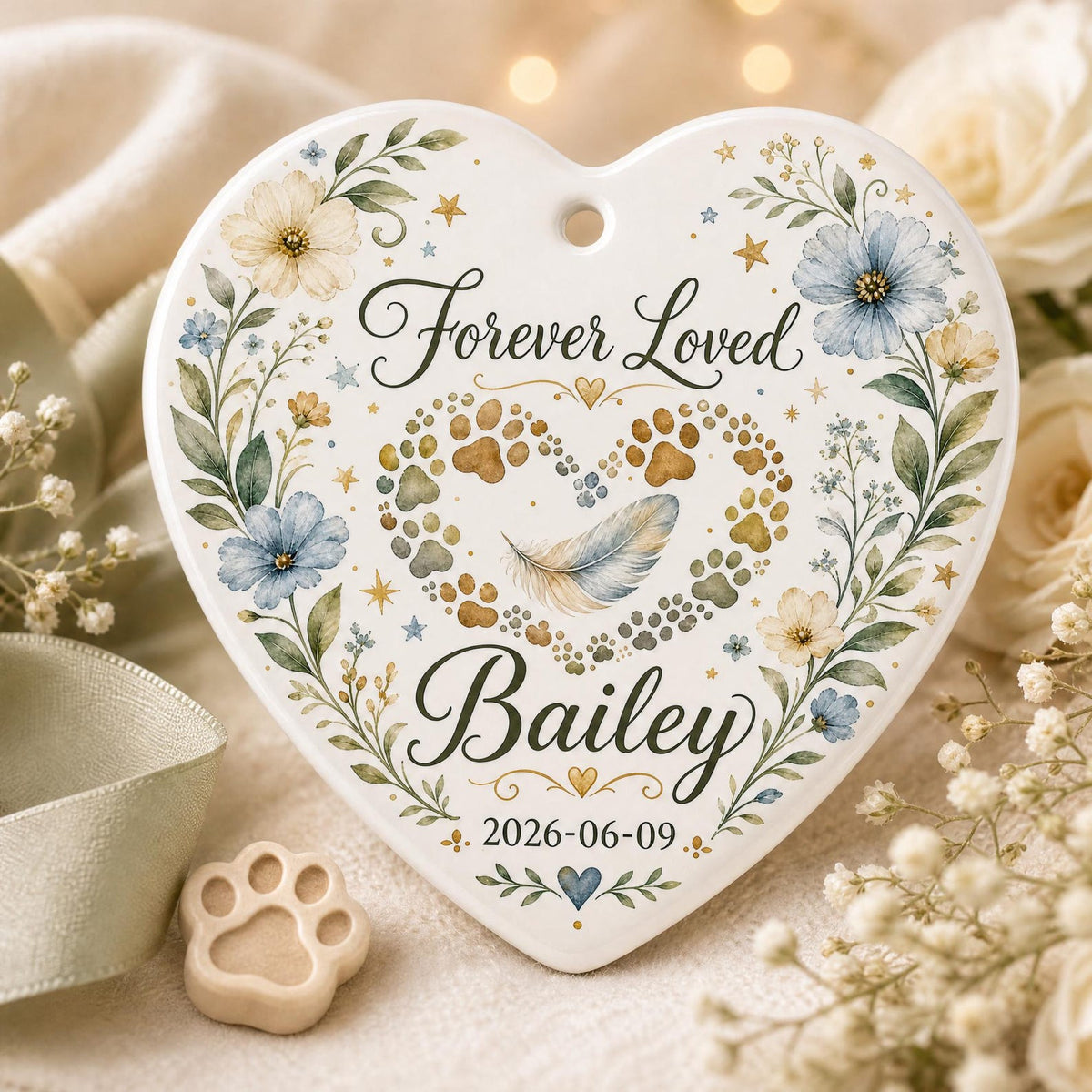 Personalized Pet Memorial Ornament, Custom Ceramic Heart Pet Loss Gift, Rainbow Bridge Keepsake