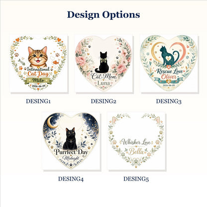 Personalized Cat Ornament, International Cat Day Gift, Custom Ceramic Heart Keepsake
