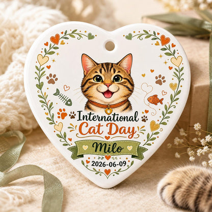 Personalized Cat Ornament, International Cat Day Gift, Custom Ceramic Heart Keepsake