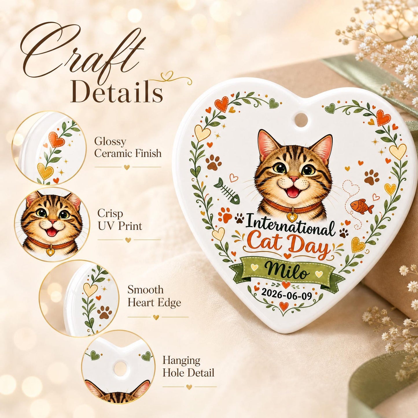 Personalized Cat Ornament, International Cat Day Gift, Custom Ceramic Heart Keepsake