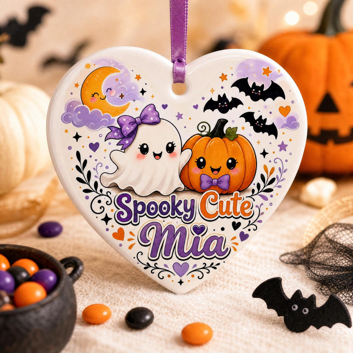 Personalized Halloween Ornament, Custom Ceramic Heart Keepsake, Spooky Cute Gift
