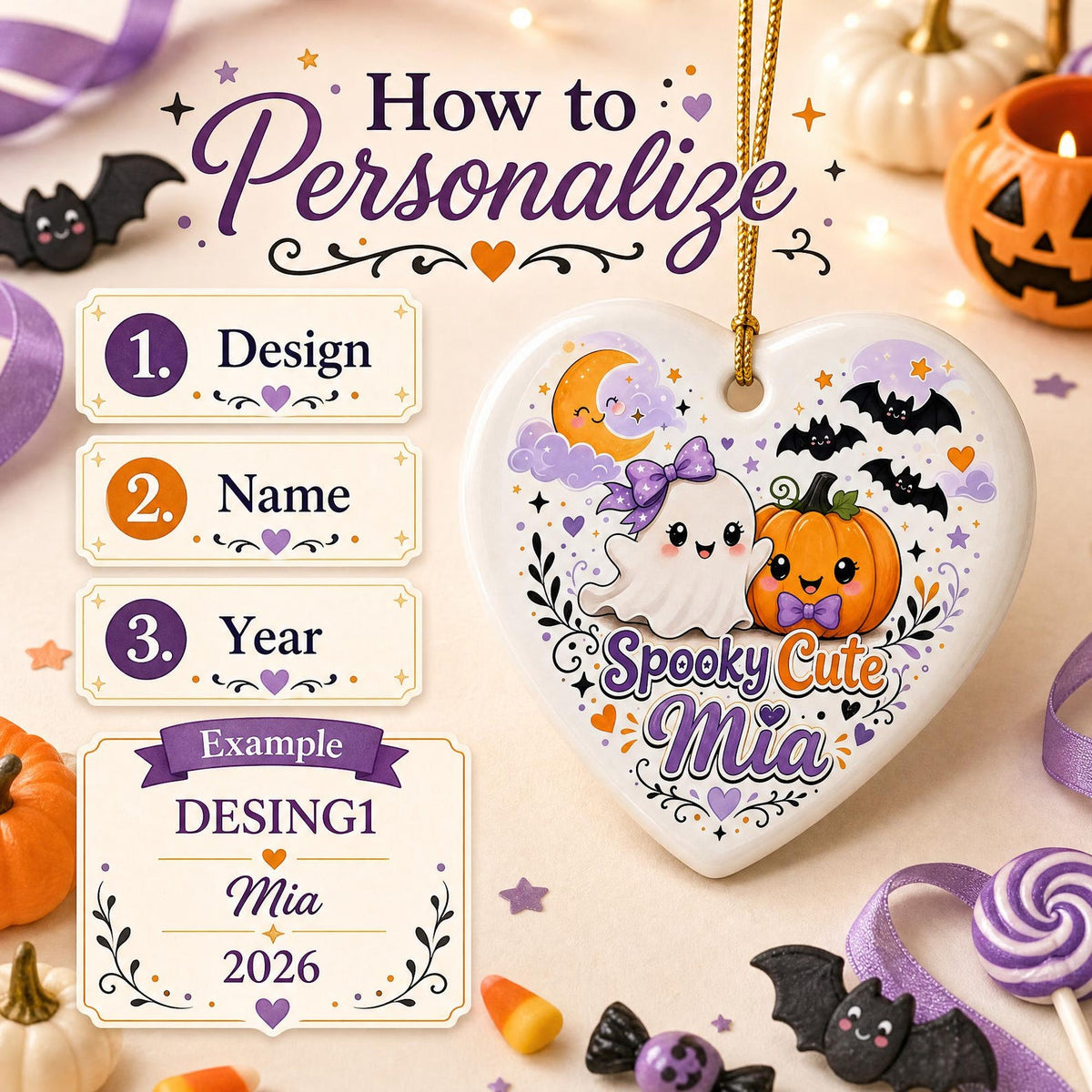 Personalized Halloween Ornament, Custom Ceramic Heart Keepsake, Spooky Cute Gift