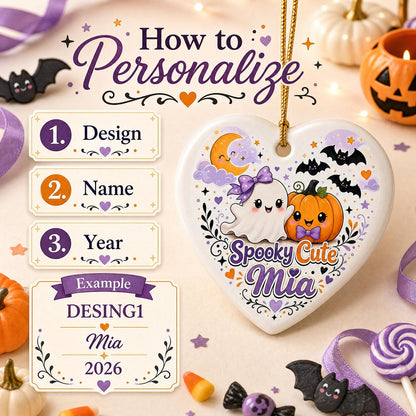 Personalized Halloween Ornament, Custom Ceramic Heart Keepsake, Spooky Cute Gift