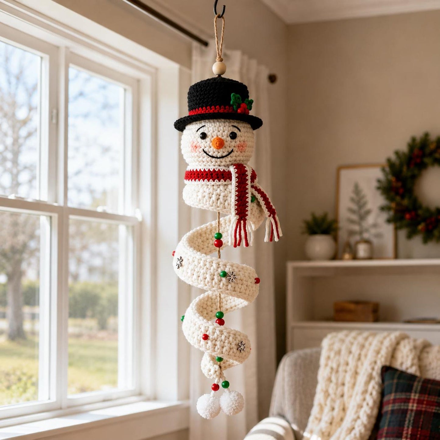 Crochet Christmas Snowman Hanging Decor, Handmade Spiral Snowman Ornament