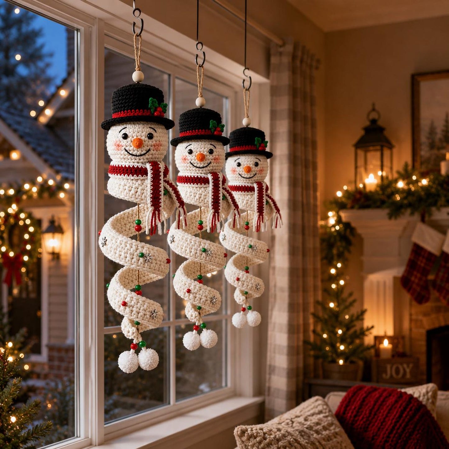 Crochet Christmas Snowman Hanging Decor, Handmade Spiral Snowman Ornament