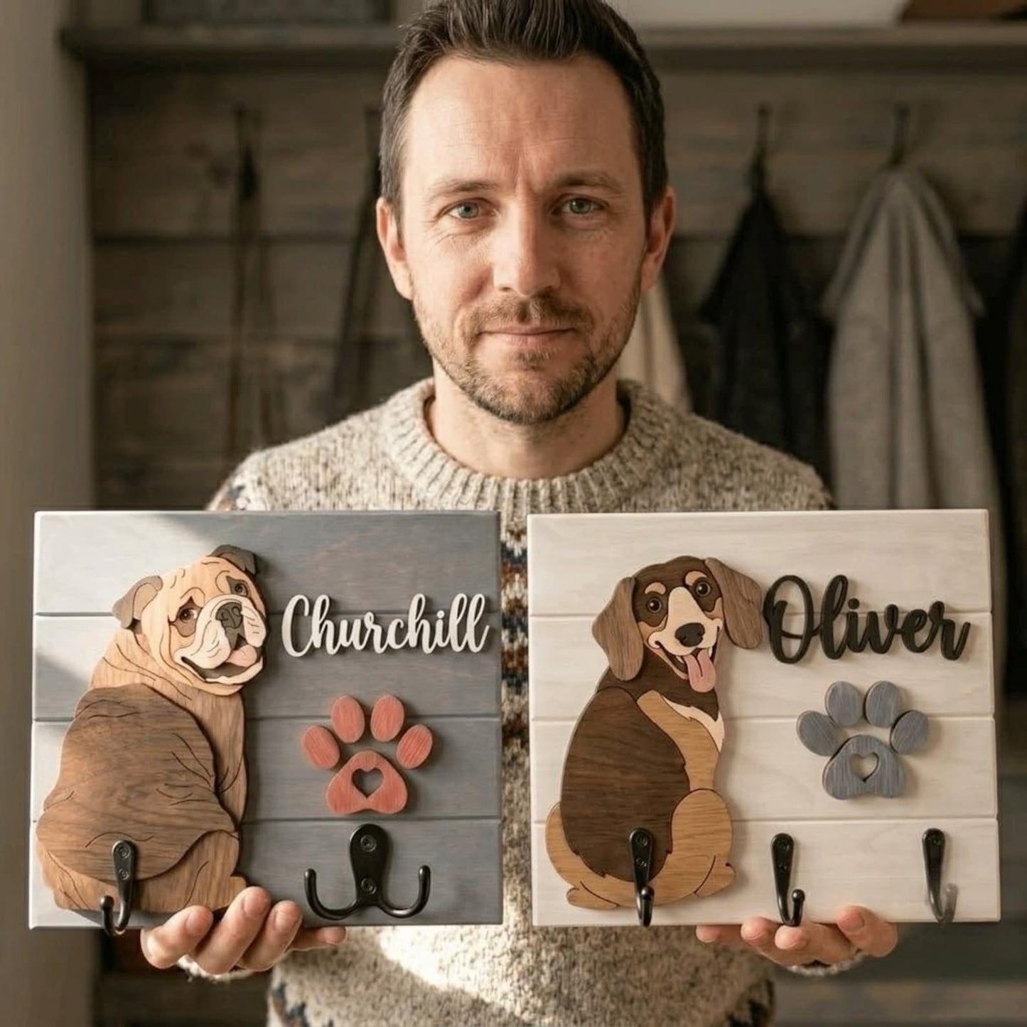 Personalized Dog Leash Holder, Custom Dog Name Sign, 3D Wooden Pet Leash Hook