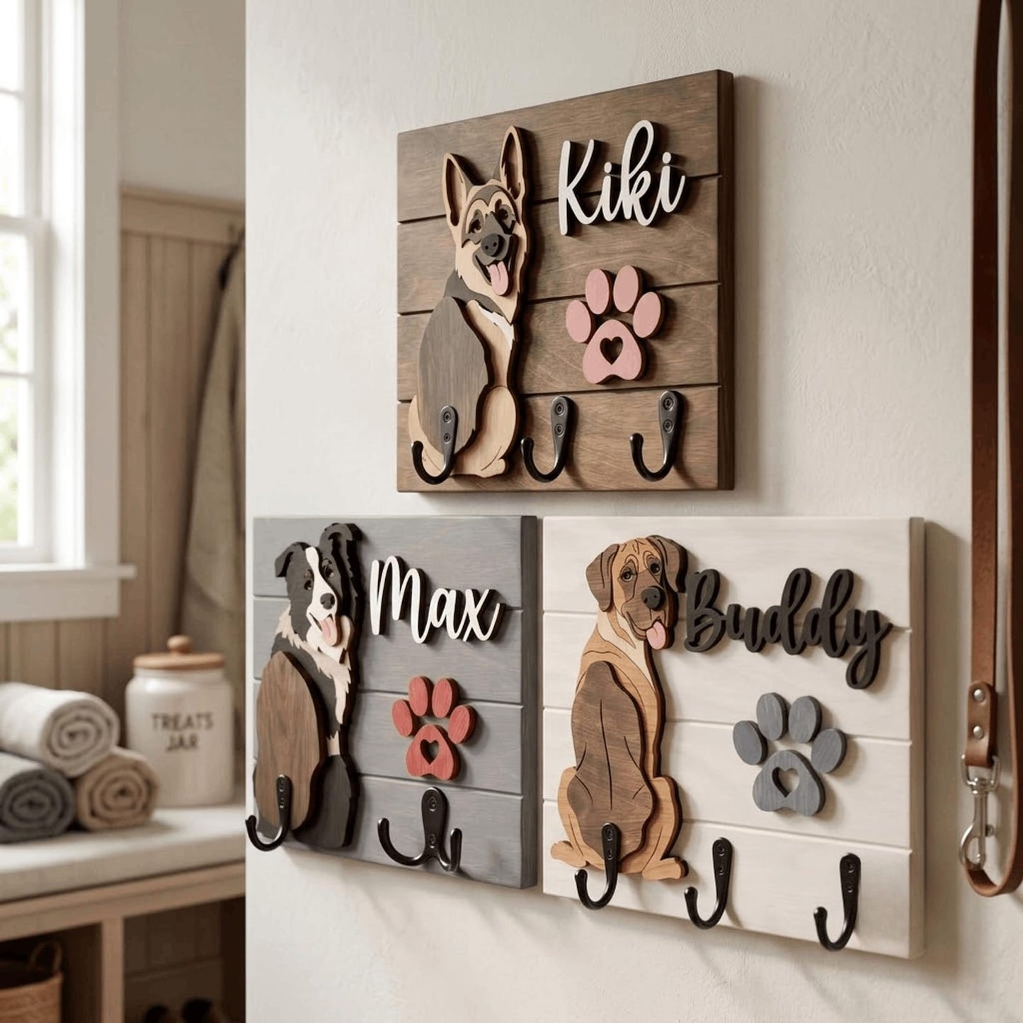 Personalized Dog Leash Holder, Custom Dog Name Sign, 3D Wooden Pet Leash Hook