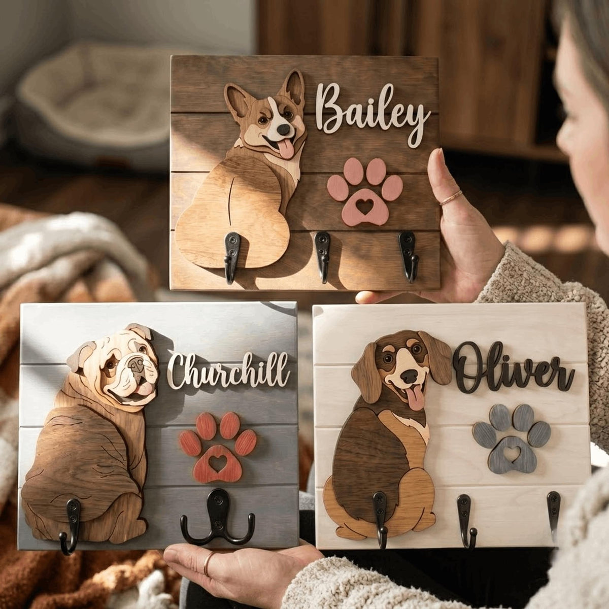Personalized Dog Leash Holder, Custom Dog Name Sign, 3D Wooden Pet Leash Hook