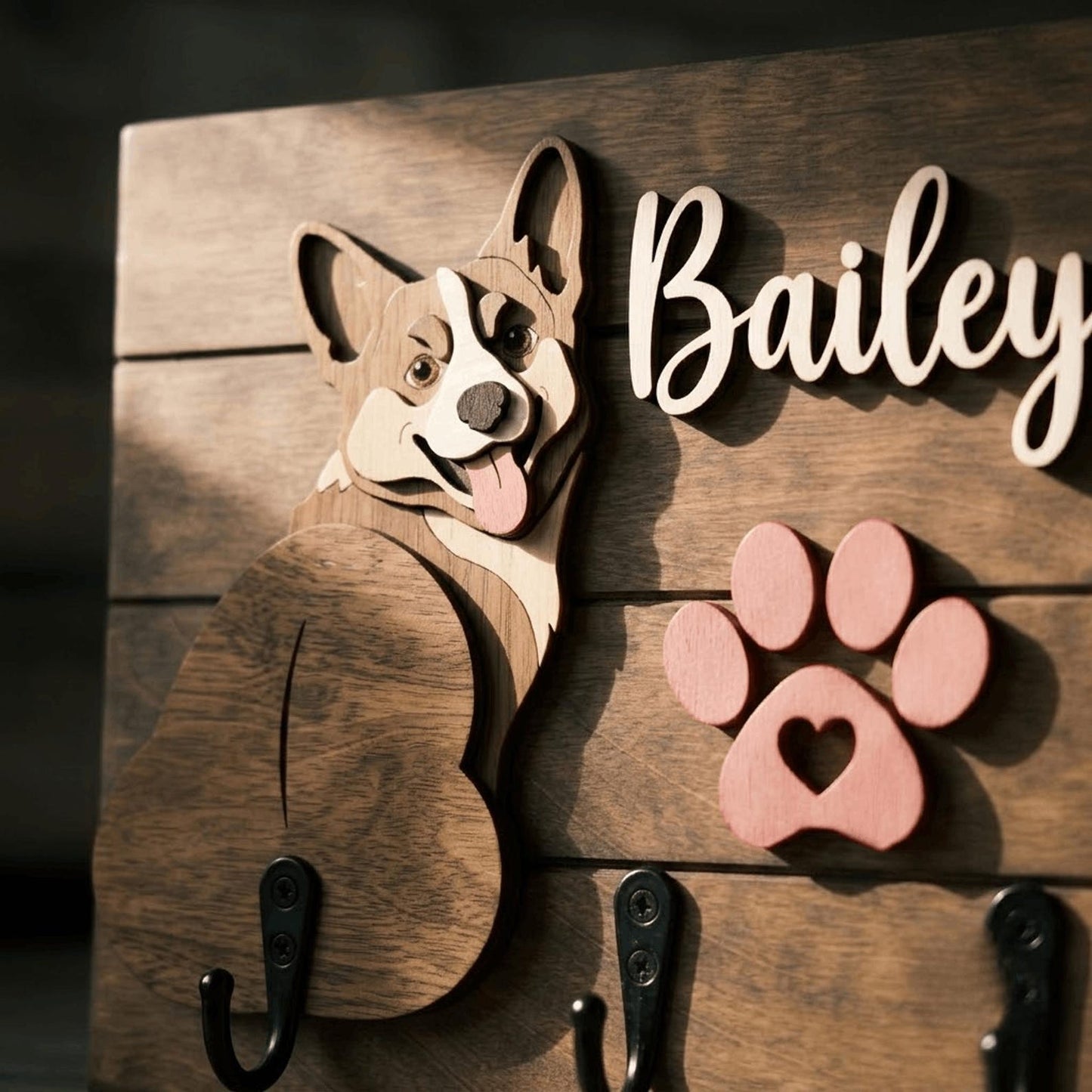 Personalized Dog Leash Holder, Custom Dog Name Sign, 3D Wooden Pet Leash Hook