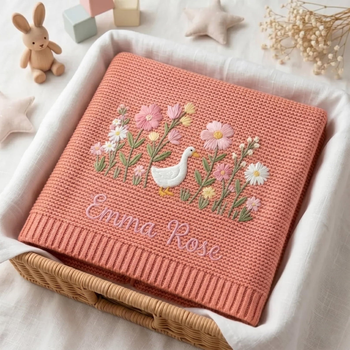 Personalized Embroidered Goose Floral Baby Blanket - Duck Wildflower Knit Throw, Newborn Blanket