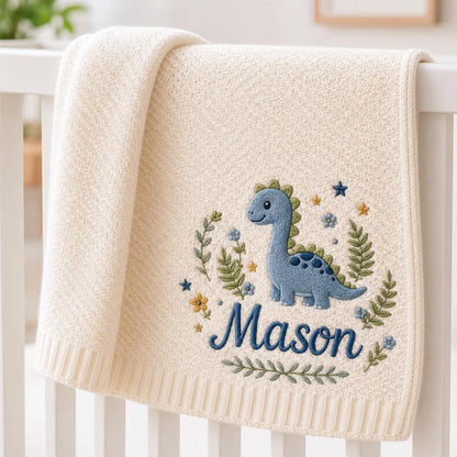 Personalized Baby Blanket with Embroidered Dinosaur, Custom Name Nursery Blanket