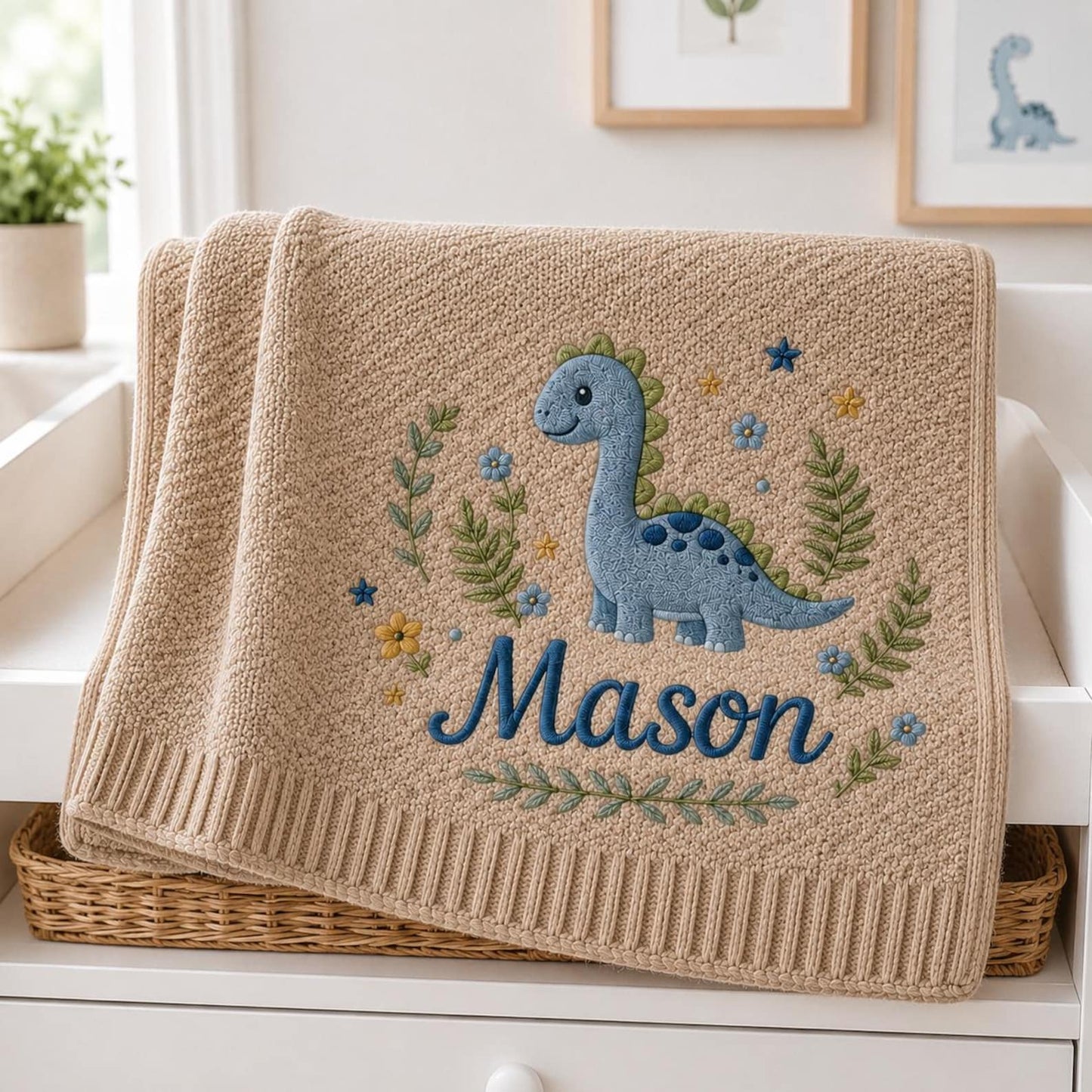 Personalized Baby Blanket with Embroidered Dinosaur, Custom Name Nursery Blanket