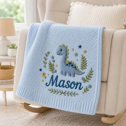 Personalized Baby Blanket with Embroidered Dinosaur, Custom Name Nursery Blanket