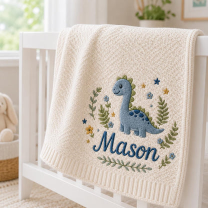 Personalized Baby Blanket with Embroidered Dinosaur, Custom Name Nursery Blanket