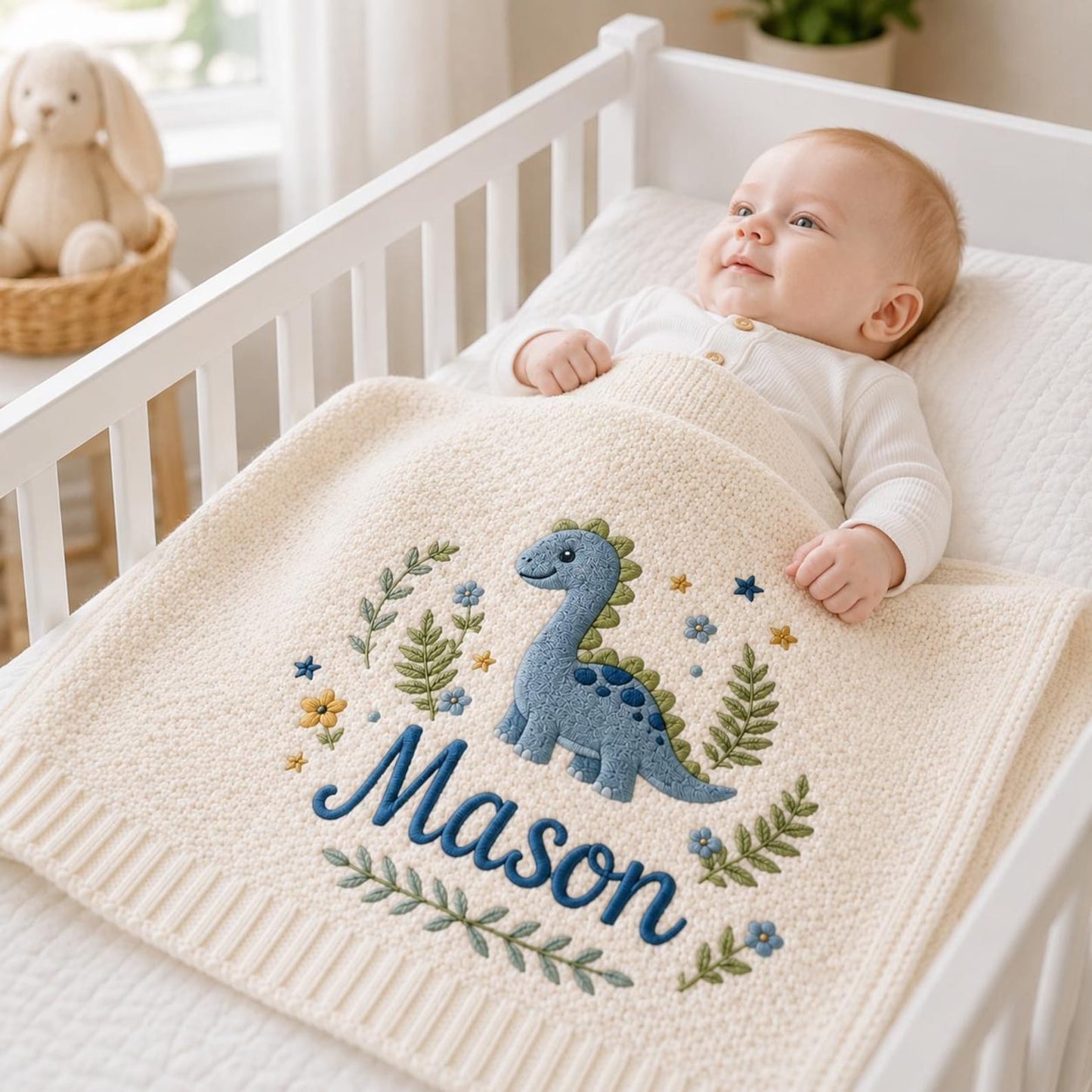 Personalized Baby Blanket with Embroidered Dinosaur, Custom Name Nursery Blanket