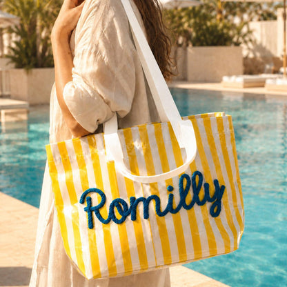 Personalized Water Resistant PVC Beach Tote, Custom Rope Name Poolside Carryall