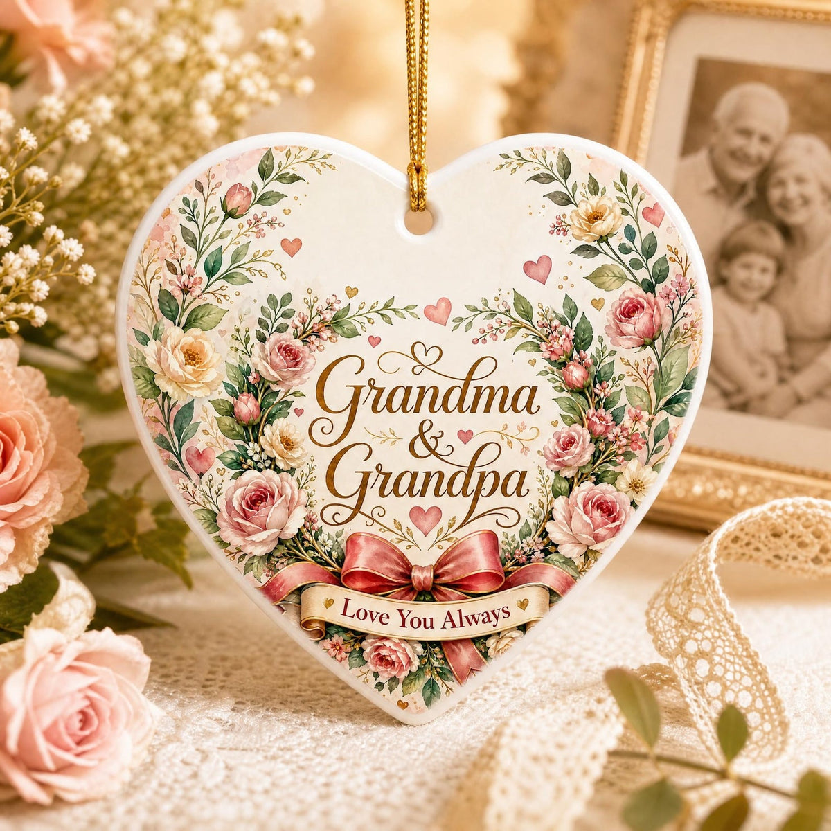 Personalized Grandparents Day Ornament, Custom Ceramic Heart Keepsake