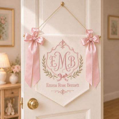 Embroidered Baby Name Banner, Personalized Monogram Nursery Pennant, Satin Ribbon Crib Decor