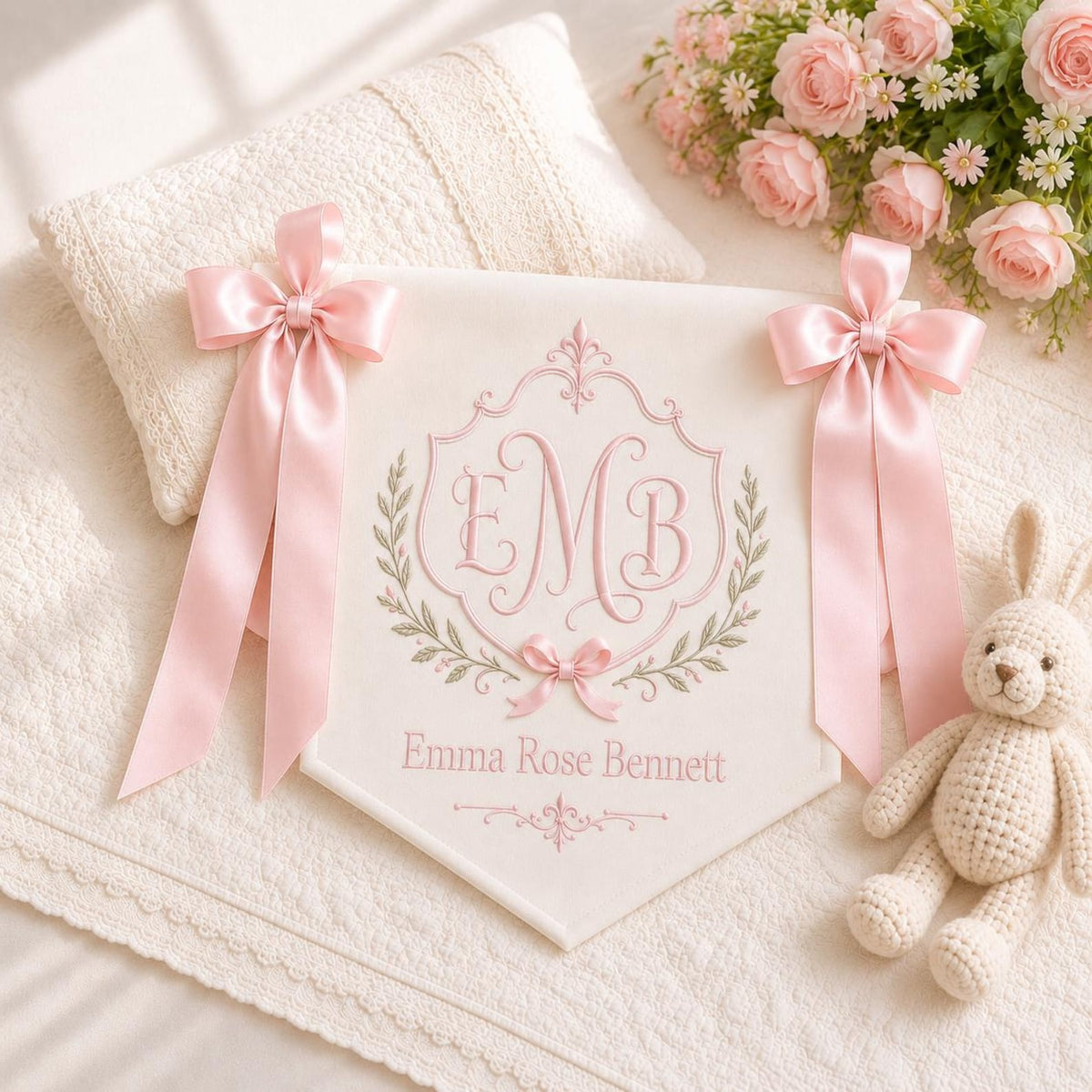 Embroidered Baby Name Banner, Personalized Monogram Nursery Pennant, Satin Ribbon Crib Decor