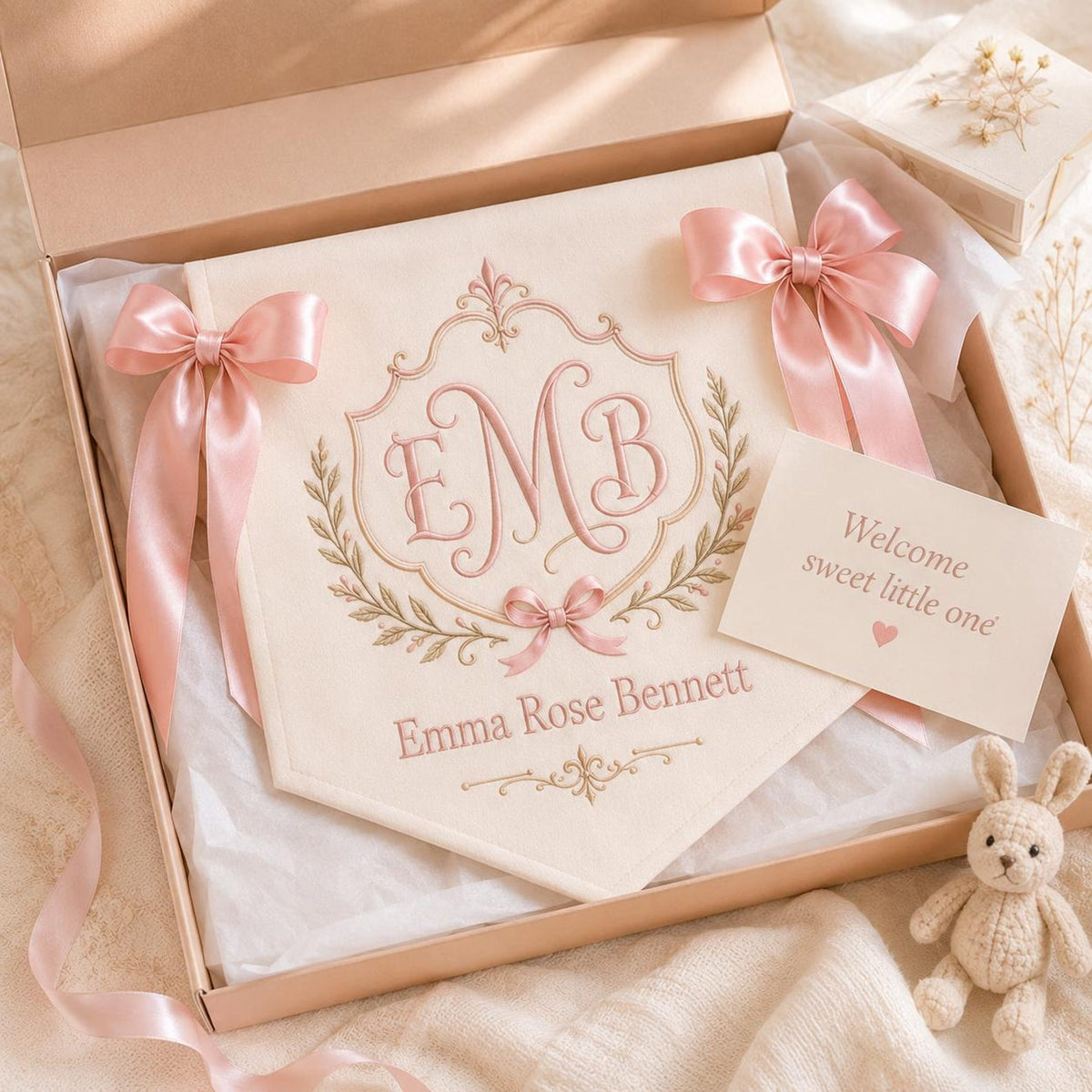 Embroidered Baby Name Banner, Personalized Monogram Nursery Pennant, Satin Ribbon Crib Decor