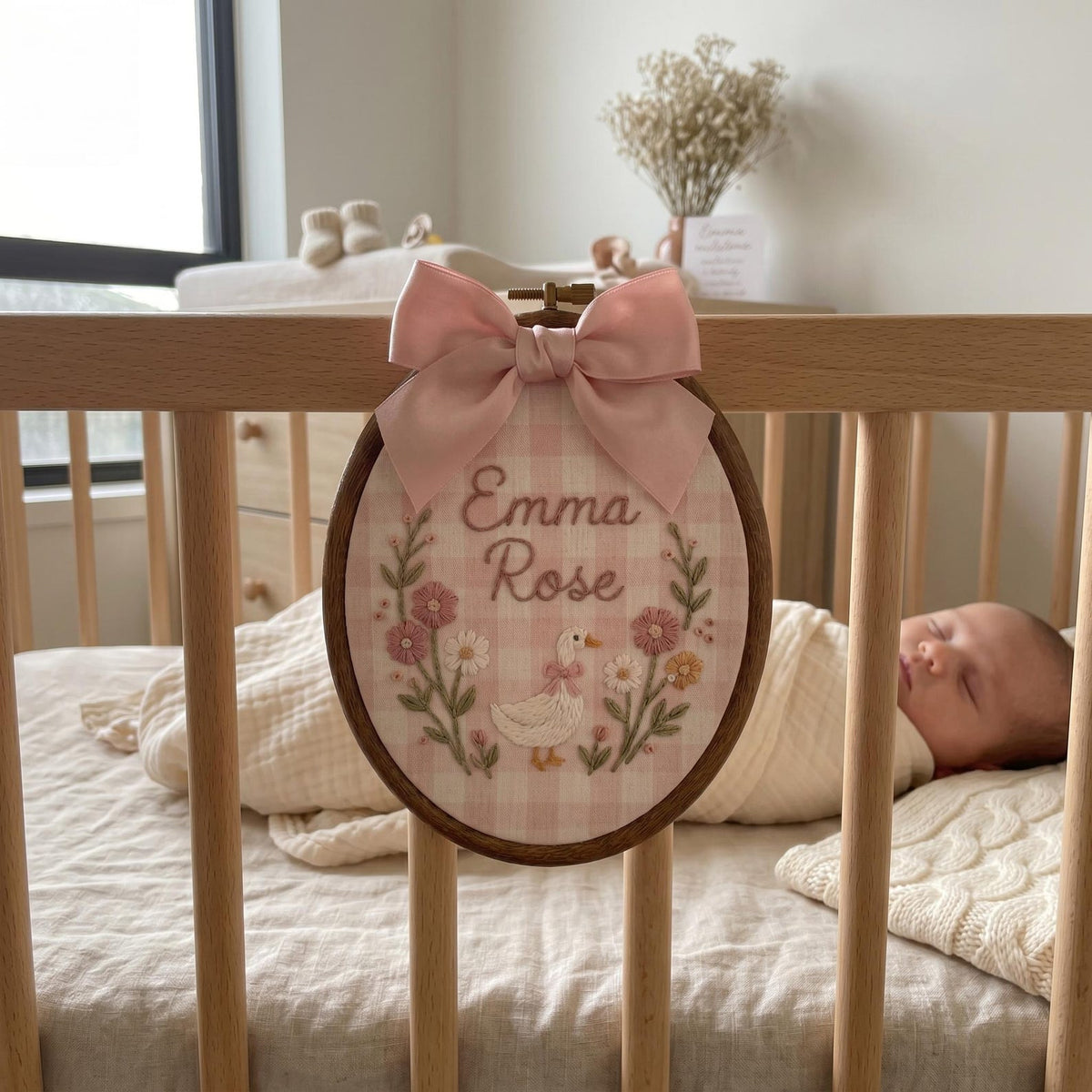 Personalized Goose Baby Name Sign, Custom Embroidered Nursery Name Hoop