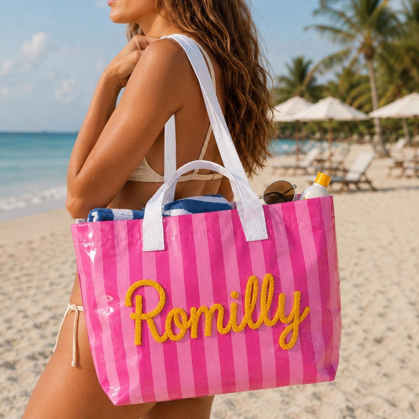 Custom Name Tote Bag, Personalized Embroidered Beach Bag