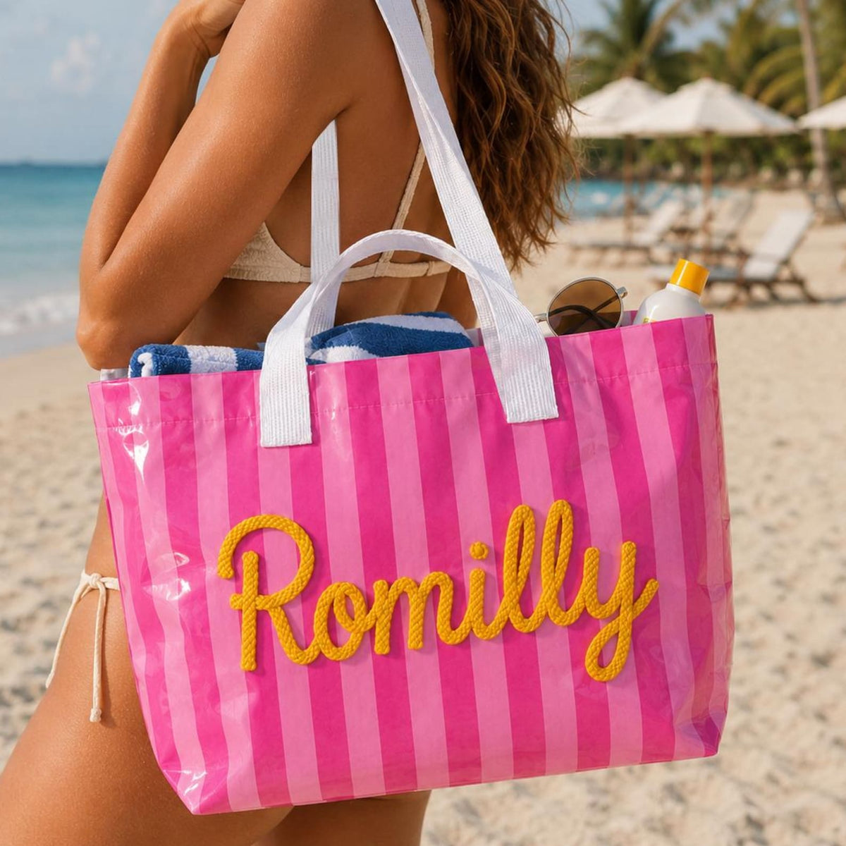 Custom Name Tote Bag, Personalized Embroidered Beach Bag
