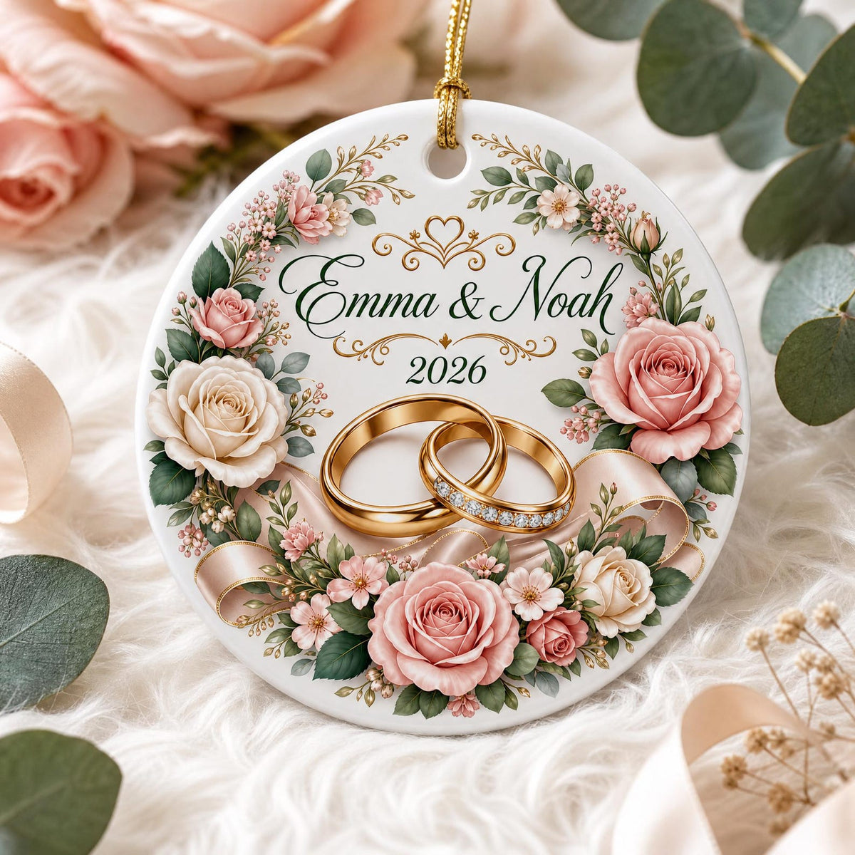 Personalized Wedding Ceramic Ornament, Newlywed Gift, Custom Name Date Keepsake, Bridal Shower Gift