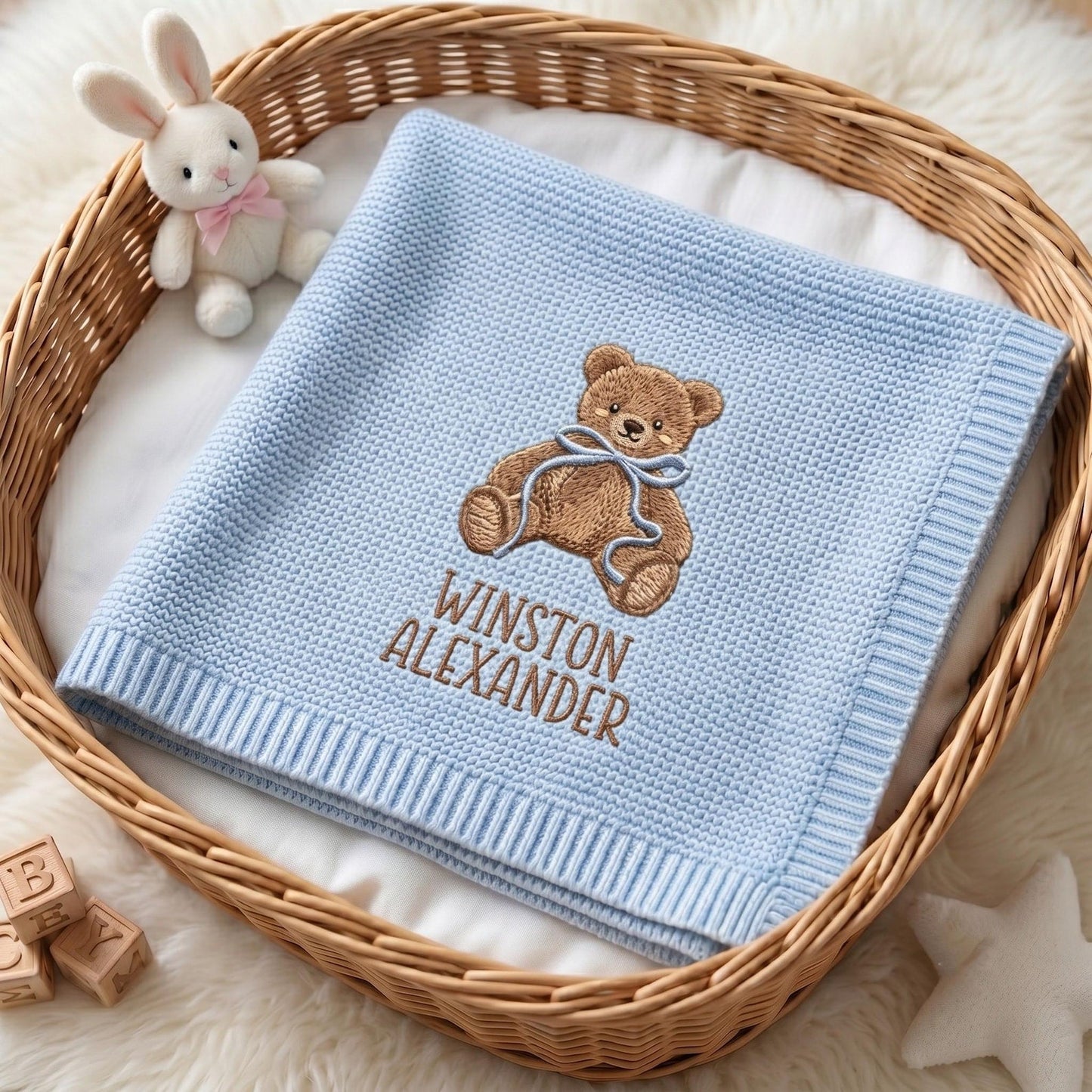 Personalized Embroidered Teddy Bear Baby Blanket with Name