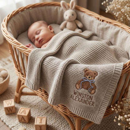 Personalized Embroidered Teddy Bear Baby Blanket with Name