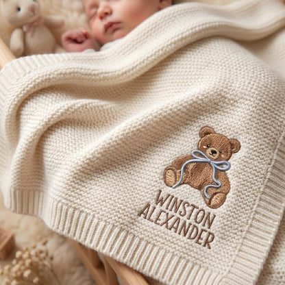 Personalized Embroidered Teddy Bear Baby Blanket with Name