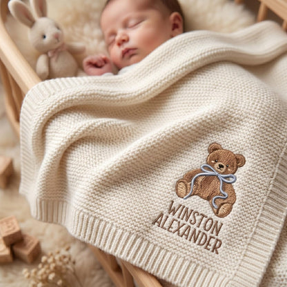 Personalized Embroidered Teddy Bear Baby Blanket with Name