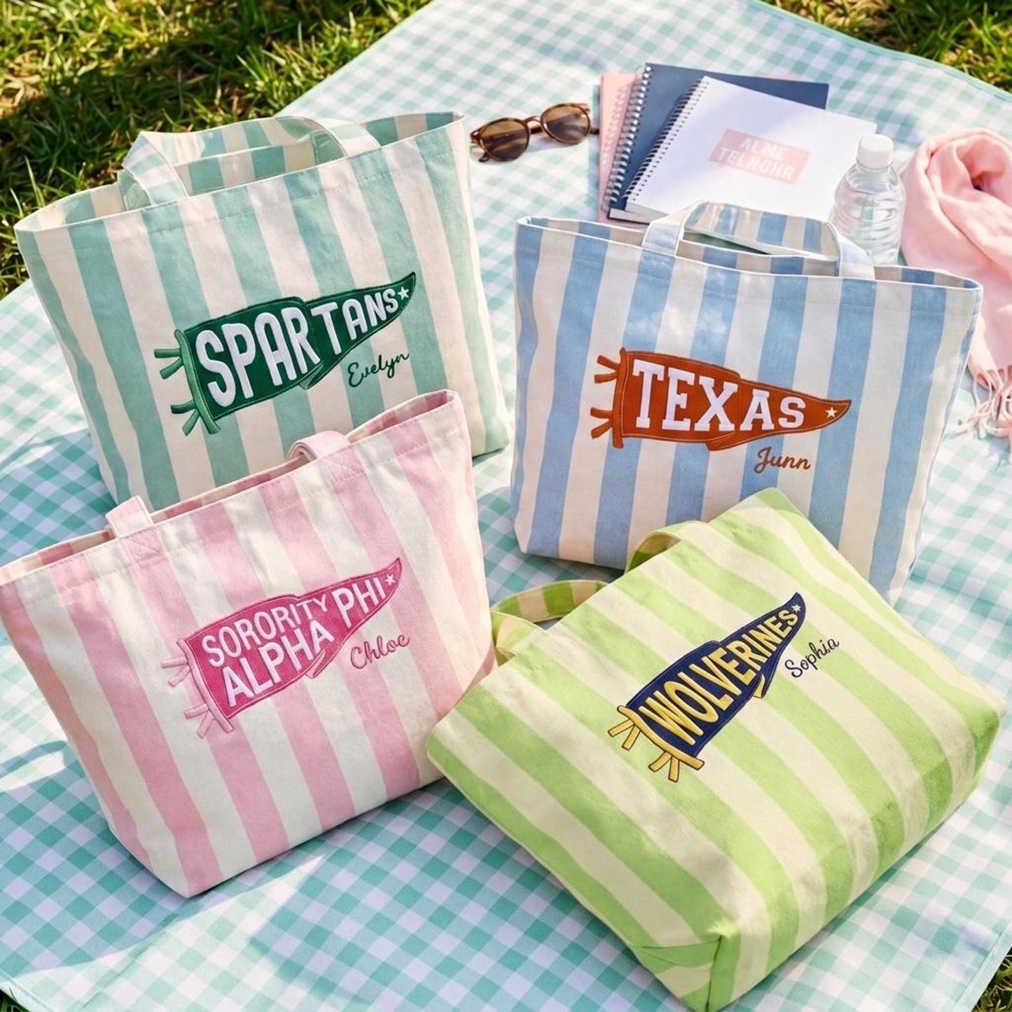 Personalized College Pennant Tote Bag with Name, School Spirit Striped Canvas Tote