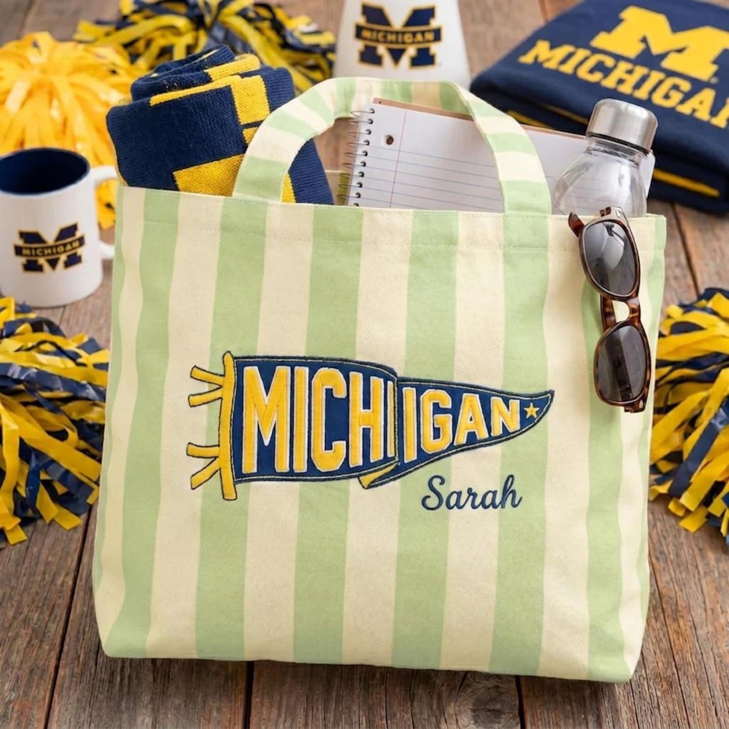 Personalized College Pennant Tote Bag with Name, School Spirit Striped Canvas Tote