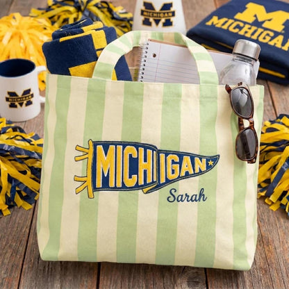 Personalized College Pennant Tote Bag with Name, School Spirit Striped Canvas Tote
